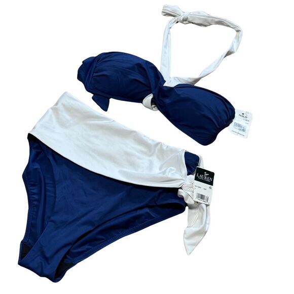 LAUREN RALPH LAUREN Bel Aire Bandeau Halter Bikini Top High-Waist Bottom Navy XS - Picture 4 of 9
